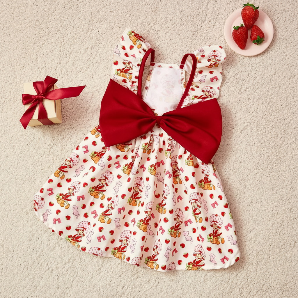 Strawberry Shortcake Cartoon Design Pet Dress With Lace Details 