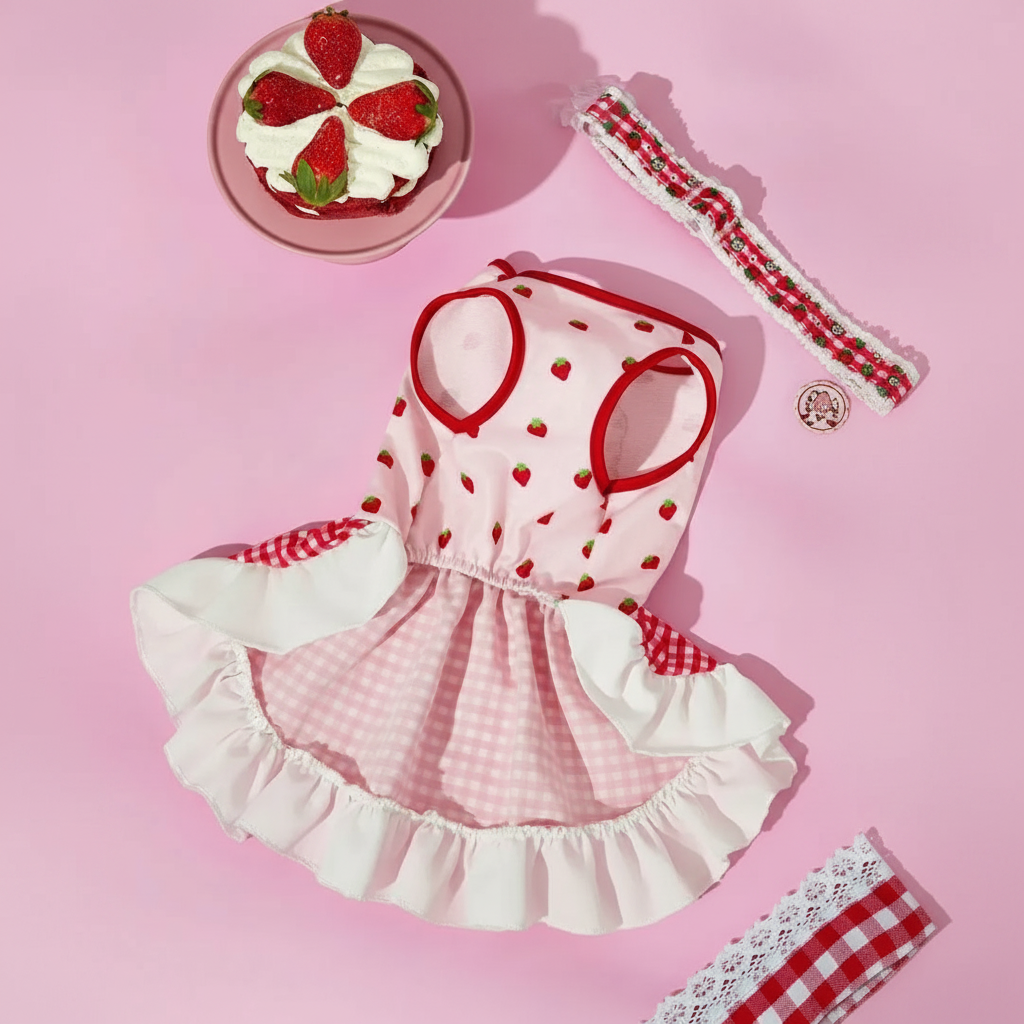Strawberry Shortcake Cartoon Design Pet Dress With Lace Details 
