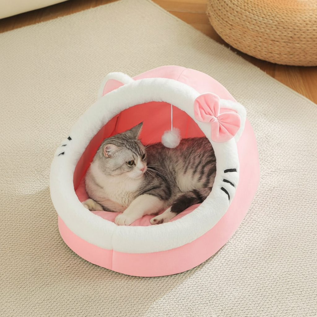 Cartoon Cat Cave Bed With Washable Cushion And Warm Enclosed Design