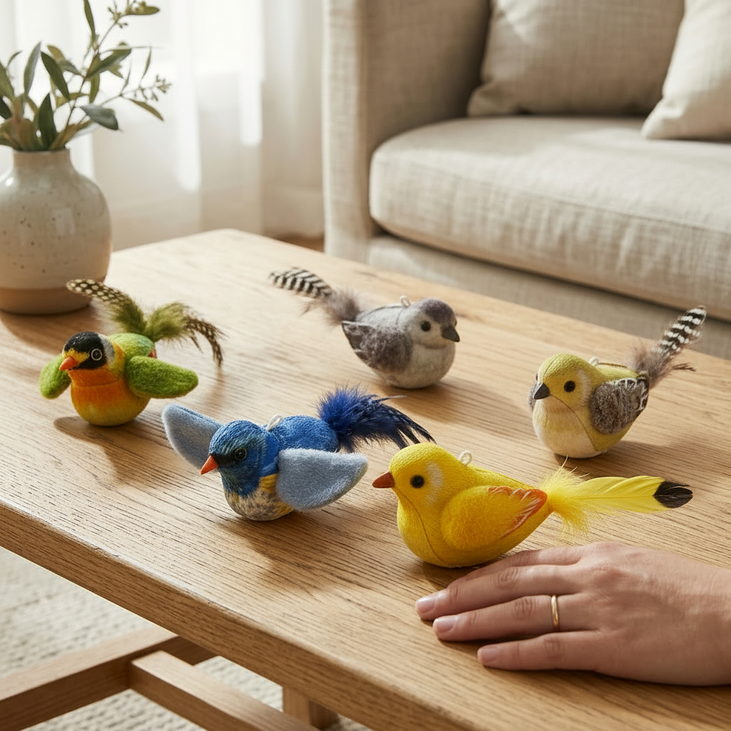 Pack Of 5 Interactive Chirping Plush Bird Cat Toys Set With Feathers