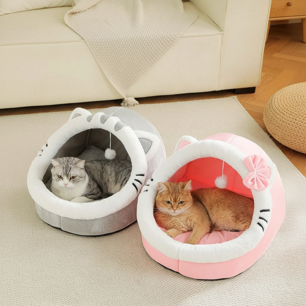Cartoon Cat Cave Bed With Washable Cushion And Warm Enclosed Design