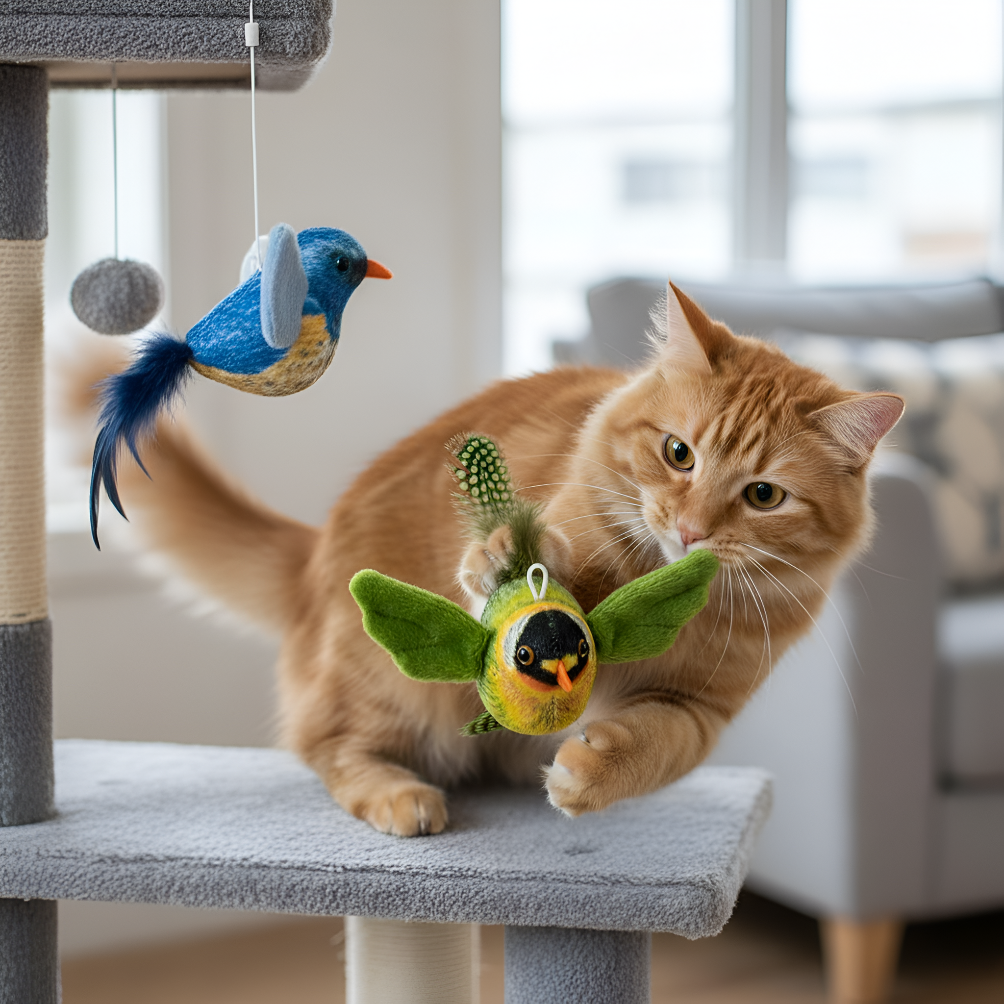 Pack Of 2 Realistic Feathered Bird Cat Plush Toys With Chirping Sound
