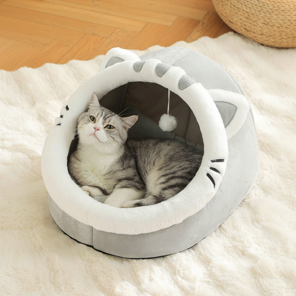 Cartoon Cat Cave Bed With Washable Cushion And Warm Enclosed Design