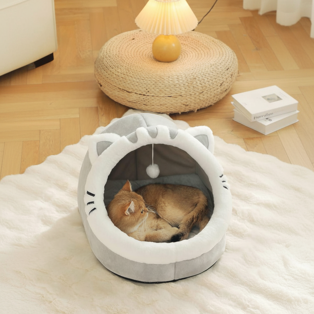 Cartoon Cat Cave Bed With Washable Cushion And Warm Enclosed Design