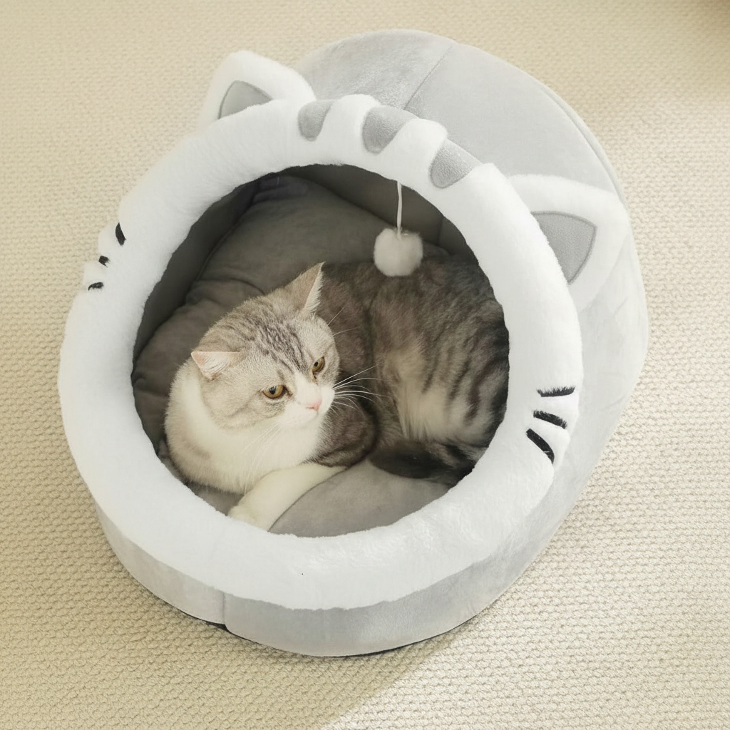 Cartoon Cat Cave Bed With Washable Cushion And Warm Enclosed Design
