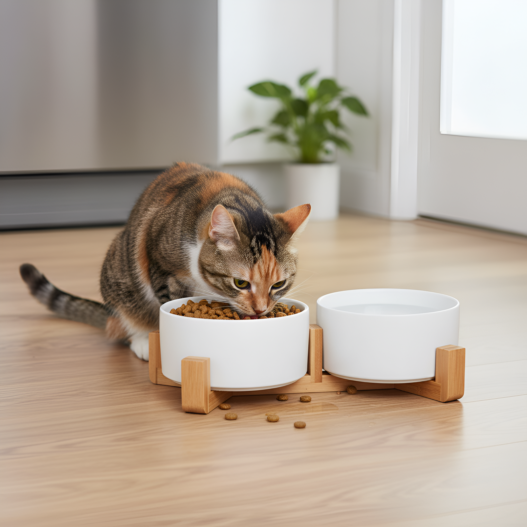 Non Slip Ceramic Pet Bowls Set With Wooden Stand
