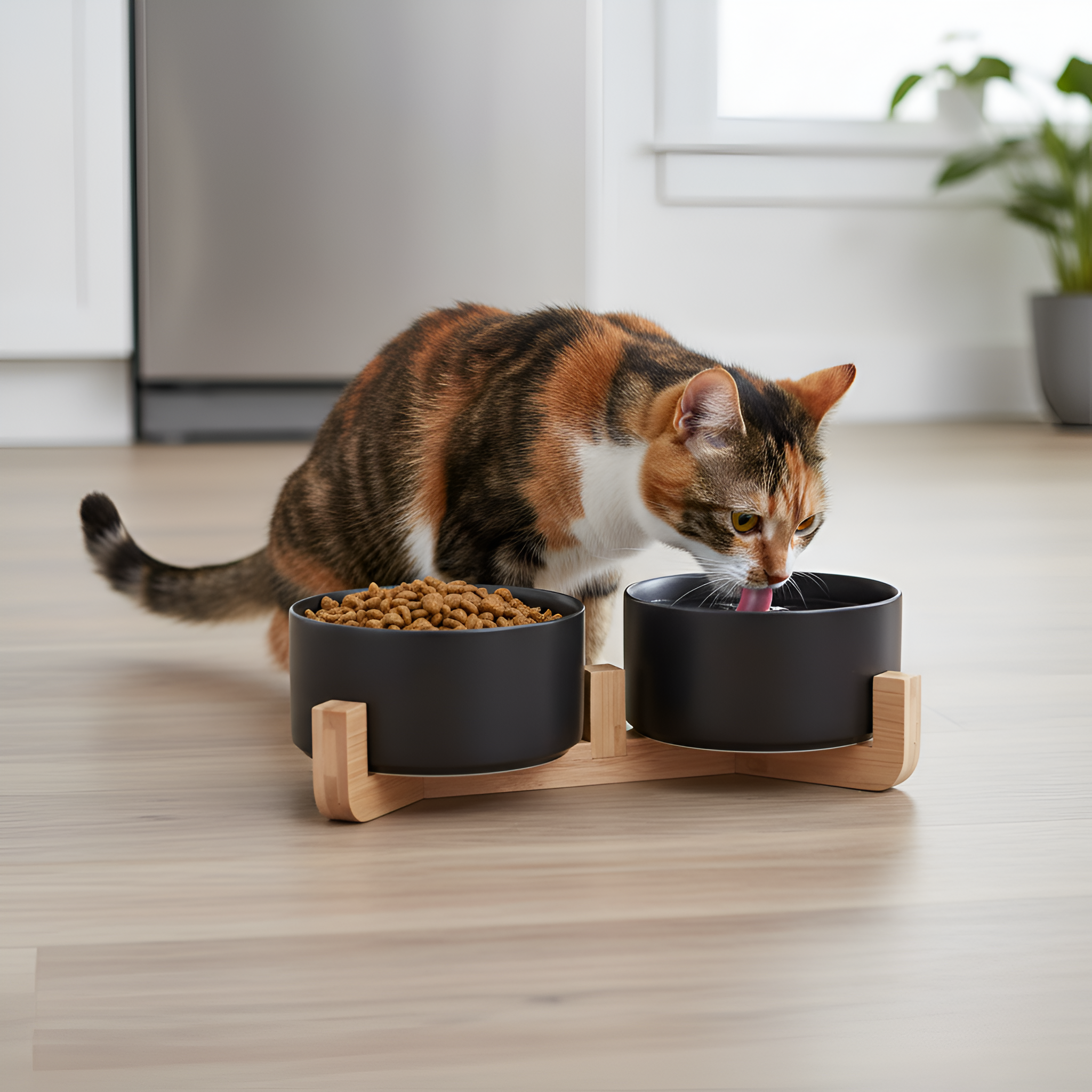 Non Slip Ceramic Pet Bowls Set With Wooden Stand