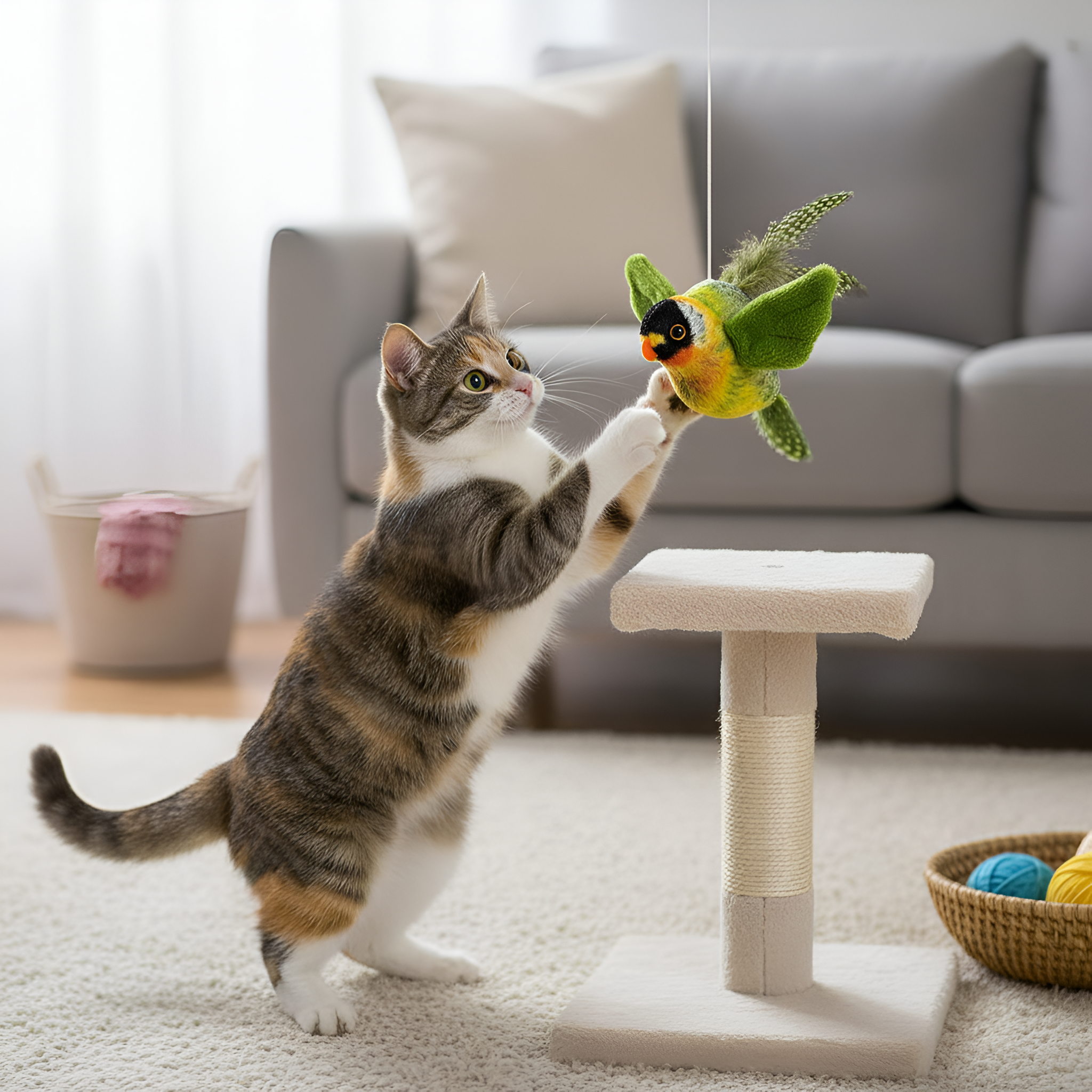 Pack Of 3 Interactive Chirping Plush Bird Cat Toys Set With Feathers