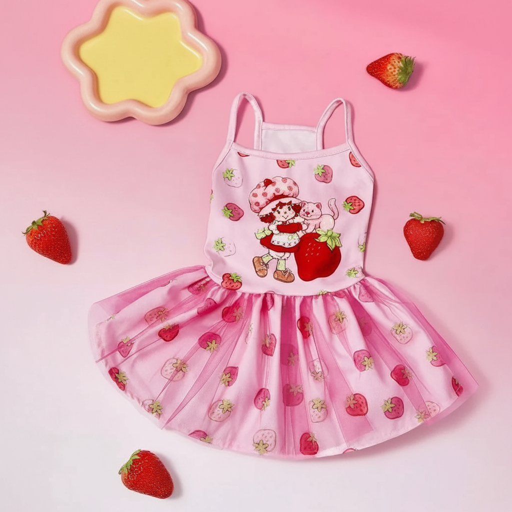Strawberry Shortcake Cartoon Design Pet Dress With Lace Details 