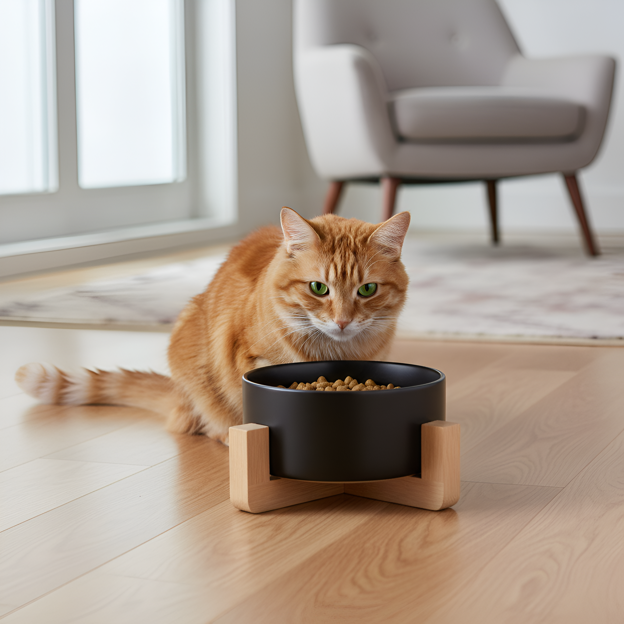 Non Slip Ceramic Pet Bowls Set With Wooden Stand