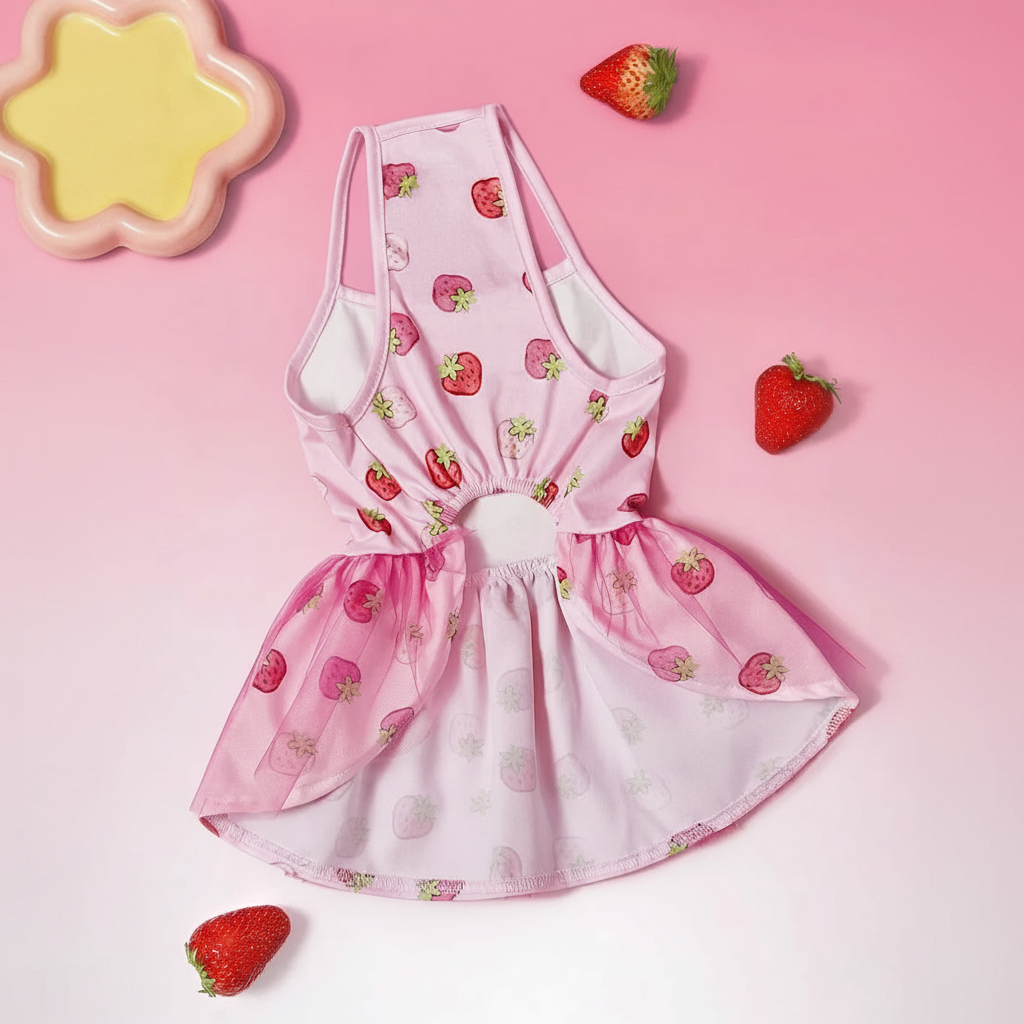 Strawberry Shortcake Cartoon Design Pet Dress With Lace Details 