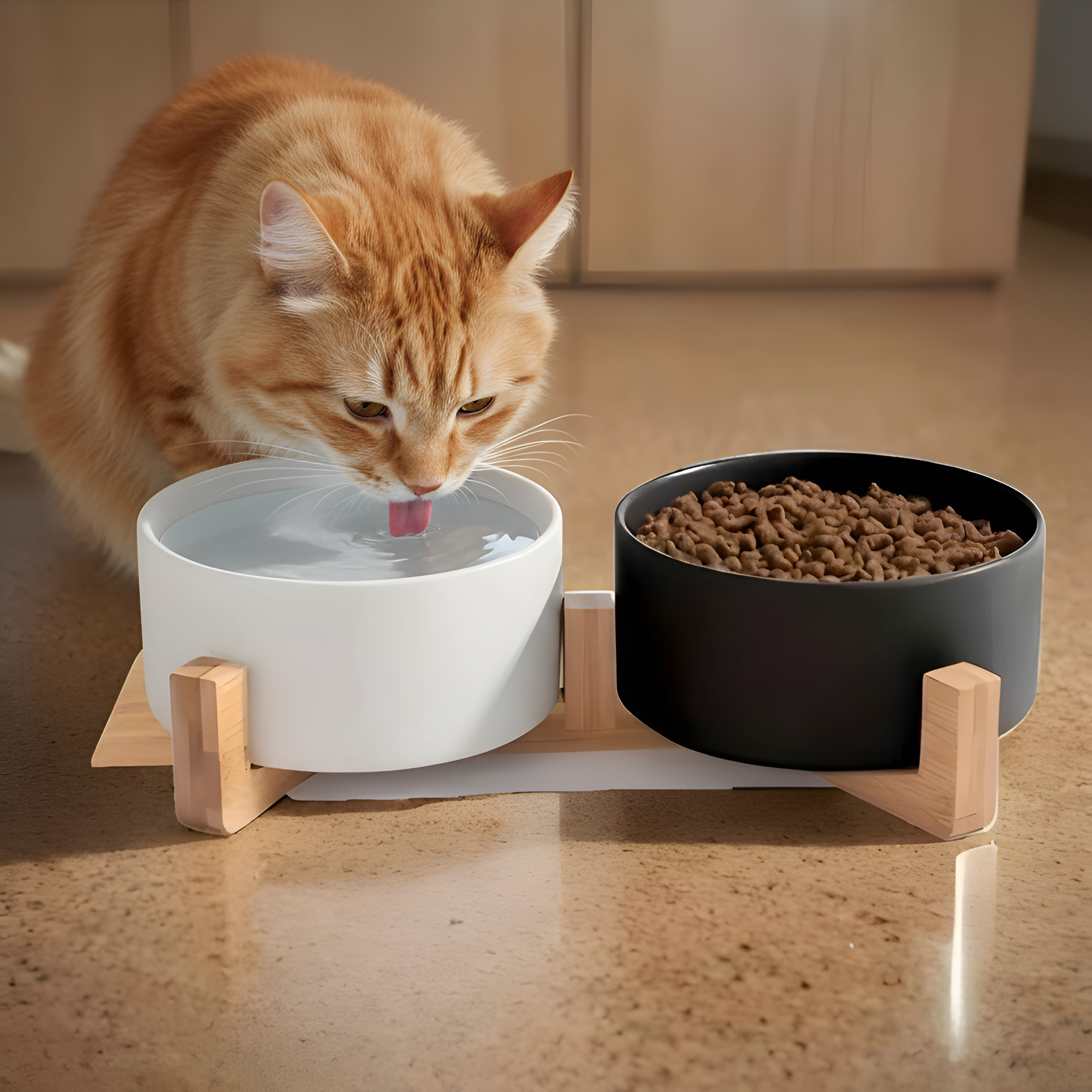 Non Slip Ceramic Pet Bowls Set With Wooden Stand