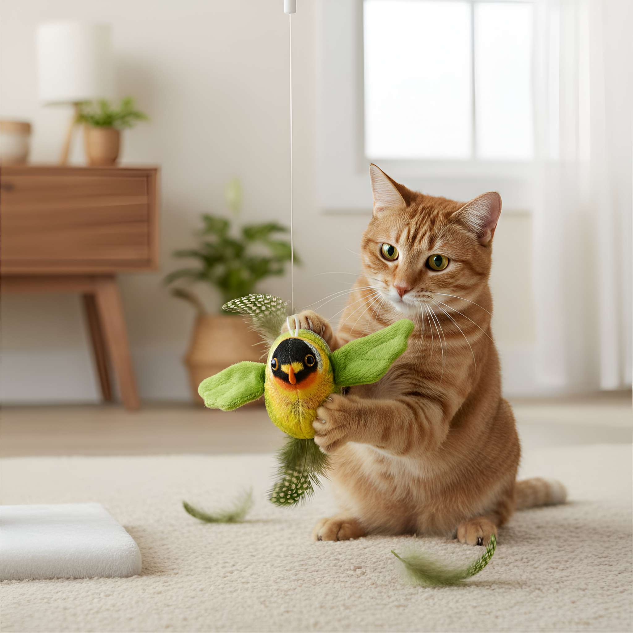 Pack Of 5 Interactive Chirping Plush Bird Cat Toys Set With Feathers
