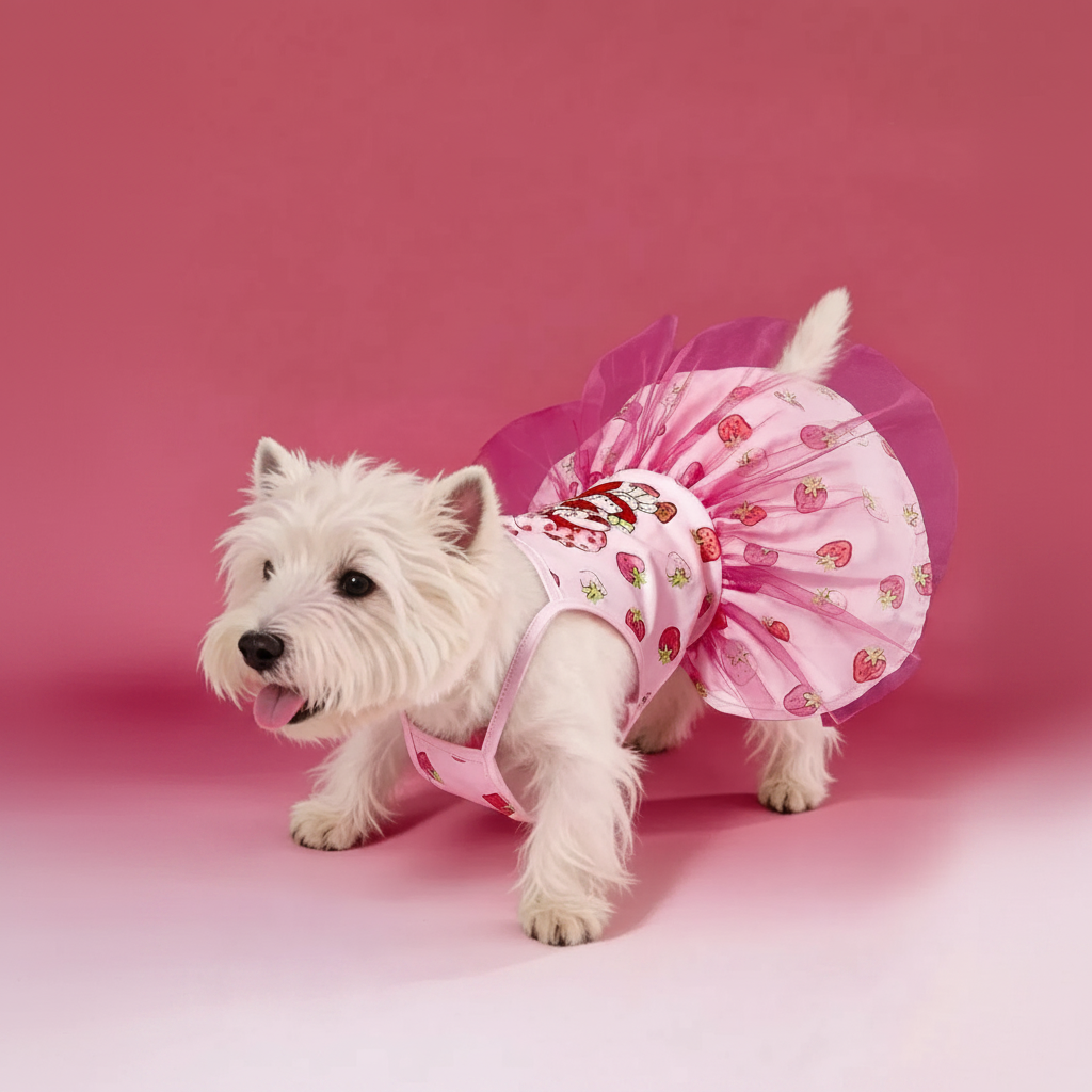 Strawberry Shortcake Cartoon Design Pet Dress With Lace Details 