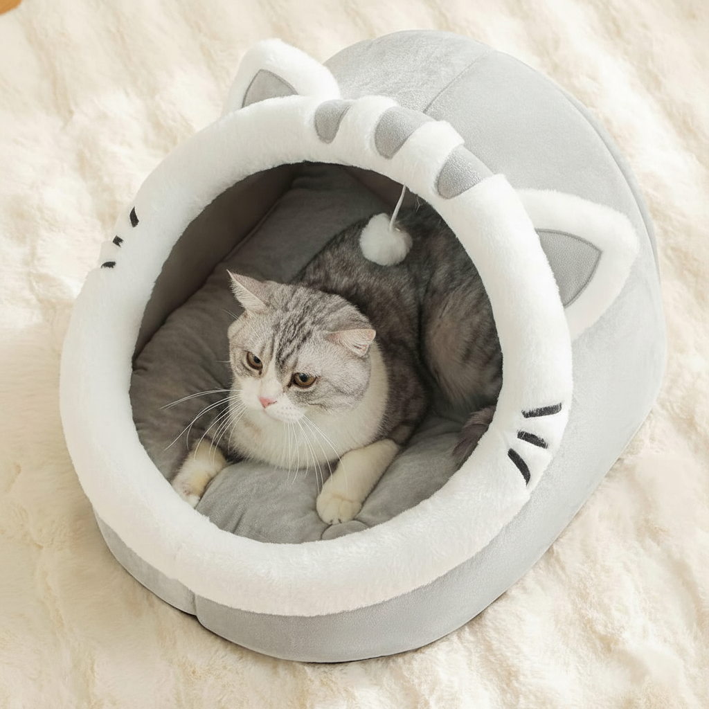 Cartoon Cat Cave Bed With Washable Cushion And Warm Enclosed Design