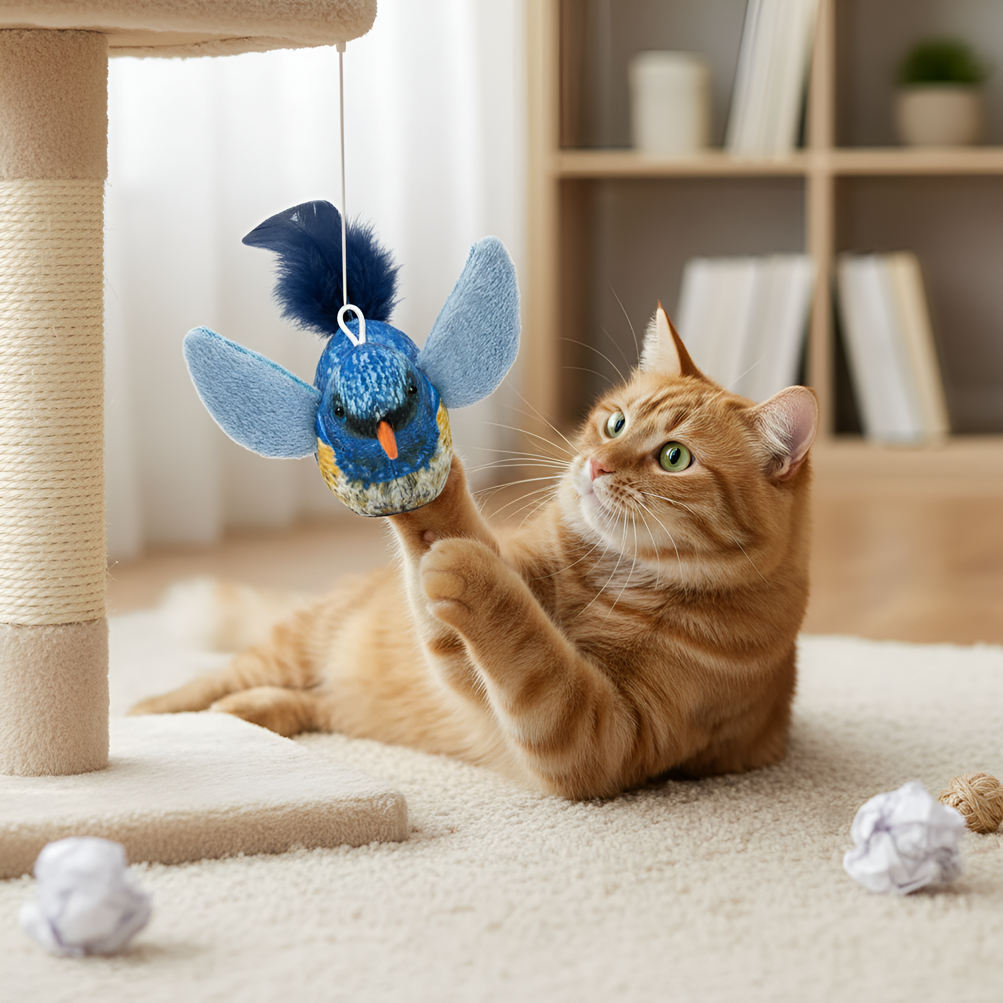 Pack Of 5 Interactive Chirping Plush Bird Cat Toys Set With Feathers