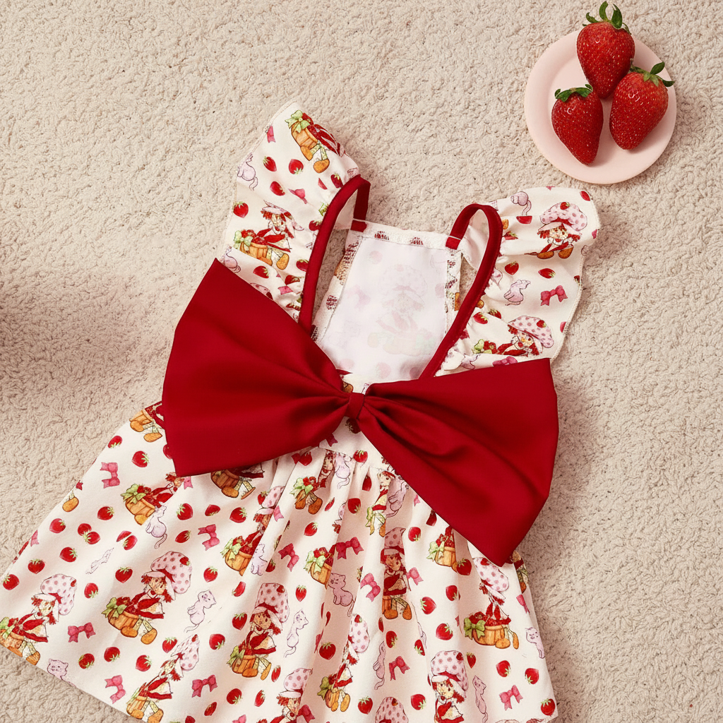 Strawberry Shortcake Cartoon Design Pet Dress With Lace Details 