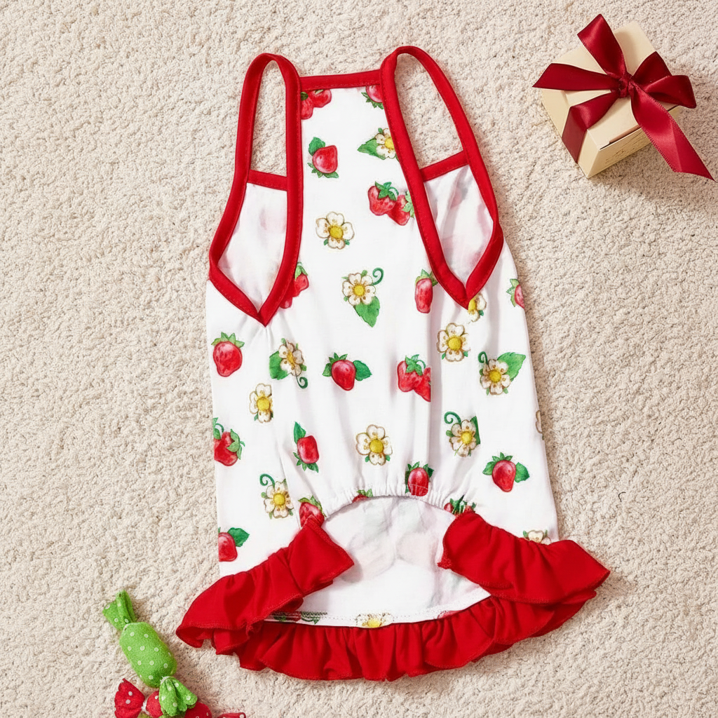 Strawberry Shortcake Cartoon Design Pet Dress With Lace Details 