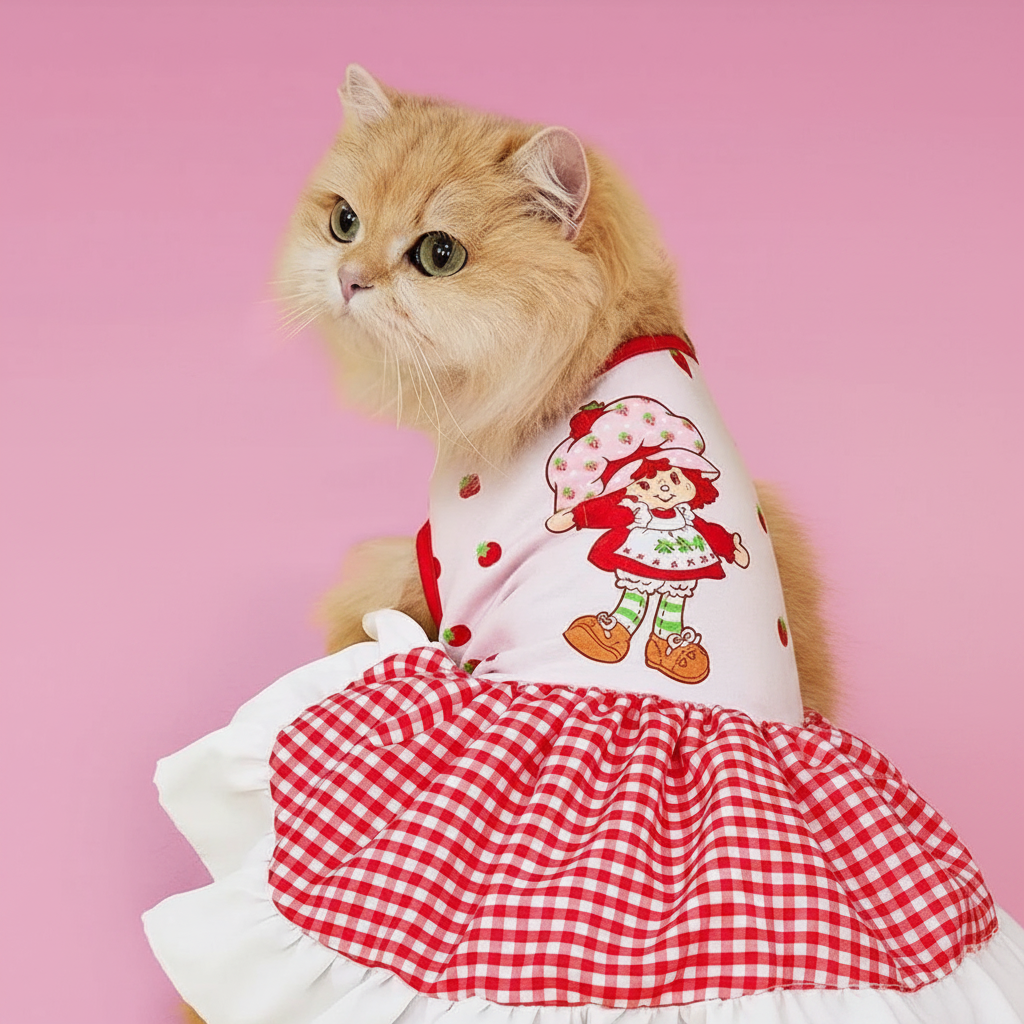Strawberry Shortcake Cartoon Design Pet Dress With Lace Details 