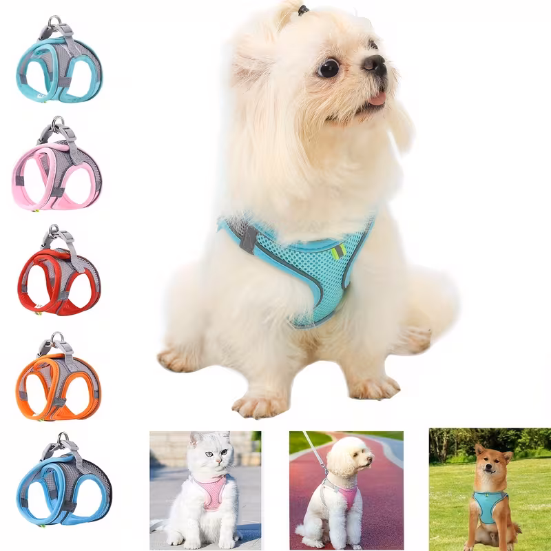   1  breathable mesh escape proof adjustable   reflective vest harness for small dogs cats comfortable safe walking harness with grid pattern multi color options small breathable dog harness 0