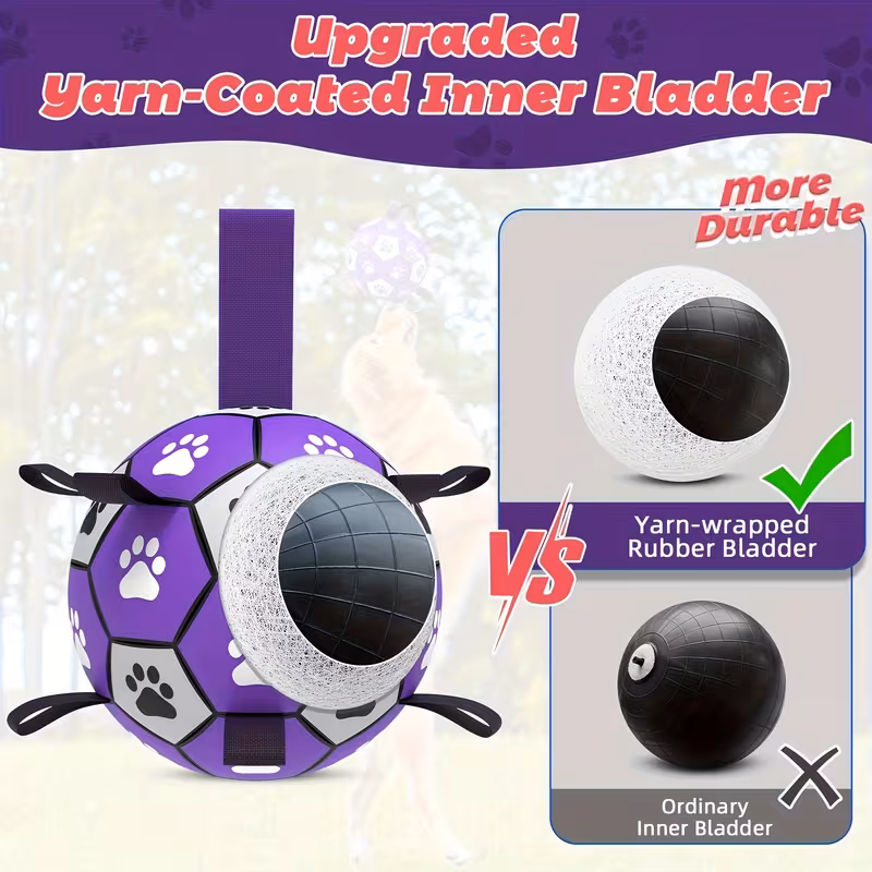 durable rubber dog soccer ball with straps interactive chew resistant pet toy for all breed sizes purple black with paw print design indoor outdoor play training dog ball toy large 2