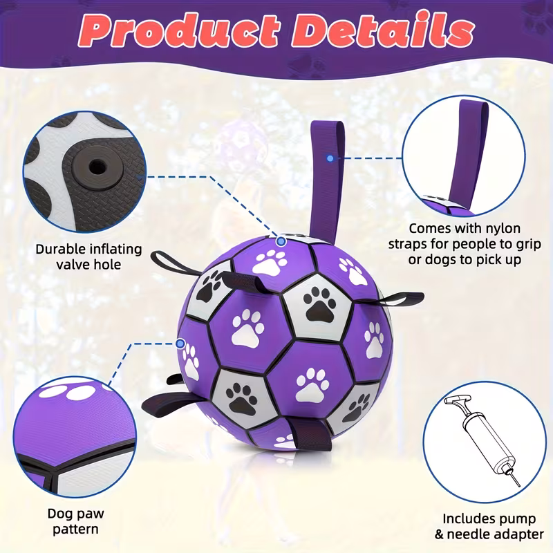 durable rubber dog soccer ball with straps interactive chew resistant pet toy for all breed sizes purple black with paw print design indoor outdoor play training dog ball toy large 3
