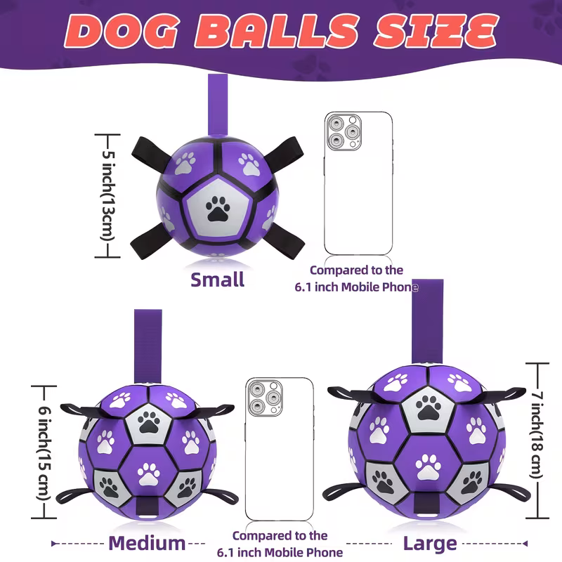 durable rubber dog soccer ball with straps interactive chew resistant pet toy for all breed sizes purple black with paw print design indoor outdoor play training dog ball toy large 1