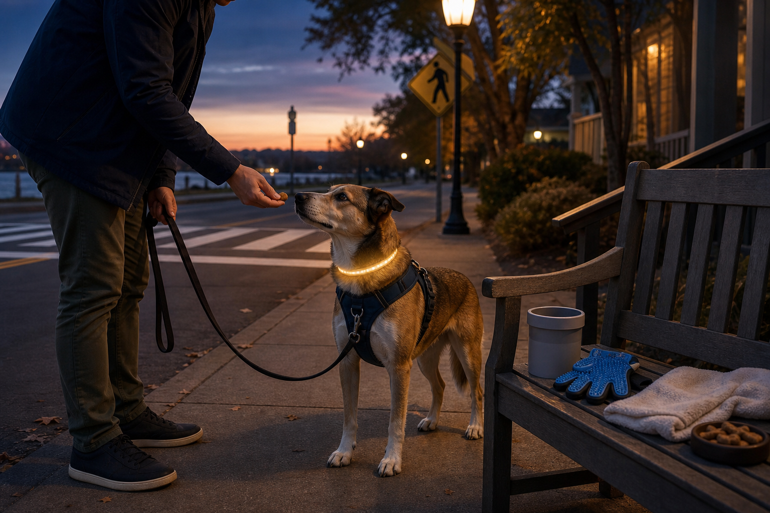 Calm dog in padded harness and glowing visibility collar receiving a treat beside paw-cleaning and grooming tools at dusk