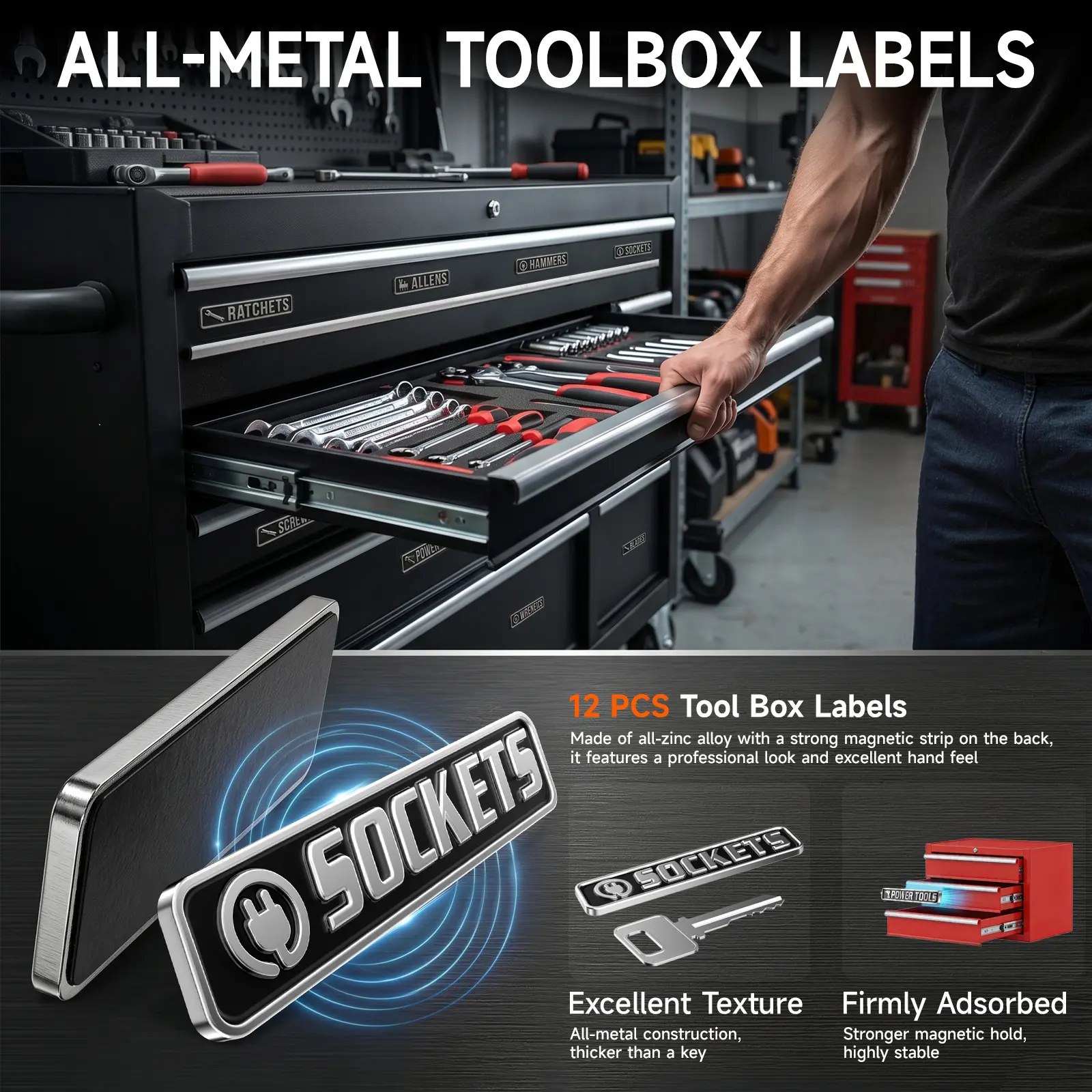 12 Pack of Magnetic Toolbox Labels,Designed for toolboxes, carts, drawers, and cabinets,suitable with major tool brands,for both indoor and garage use, Printed Tool Box Labels, General Tool Box Organize Accessories, Reusable Tags for Steel Toolboxes sohoc