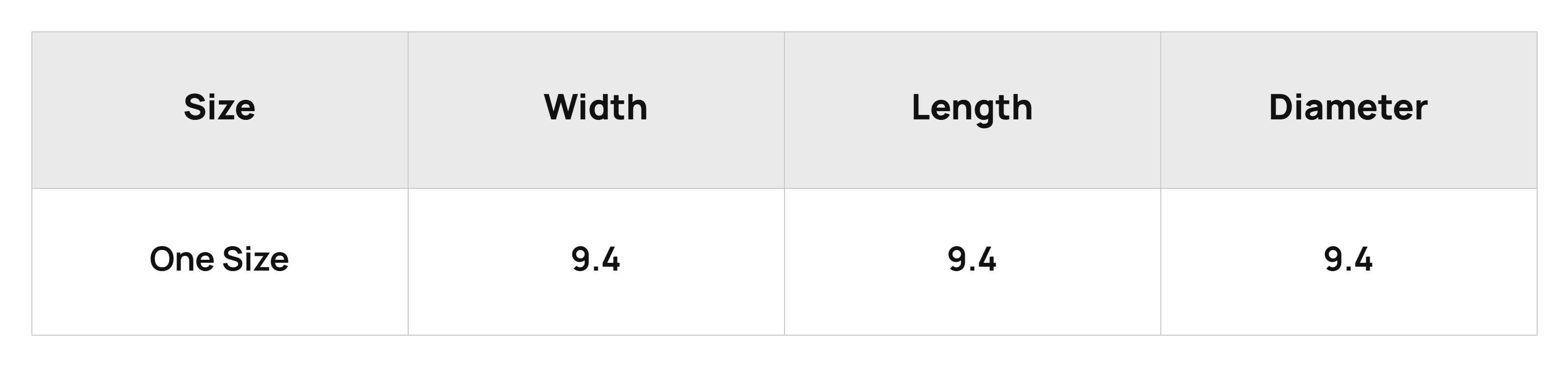 Size Chart Product Measurements (inch)