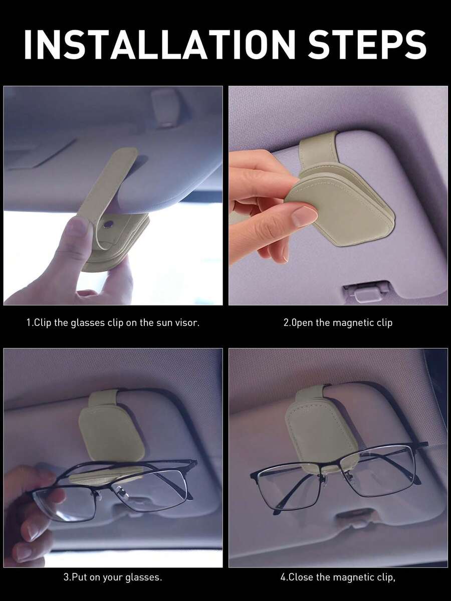 Magnetic Leather Car Sun Visor Fashion Glasses Clip, Suitable For Automotive Sun Visor, Eyeglasses Hook Clip, Car Interior Sun Visor Accessories - Beige - View 8