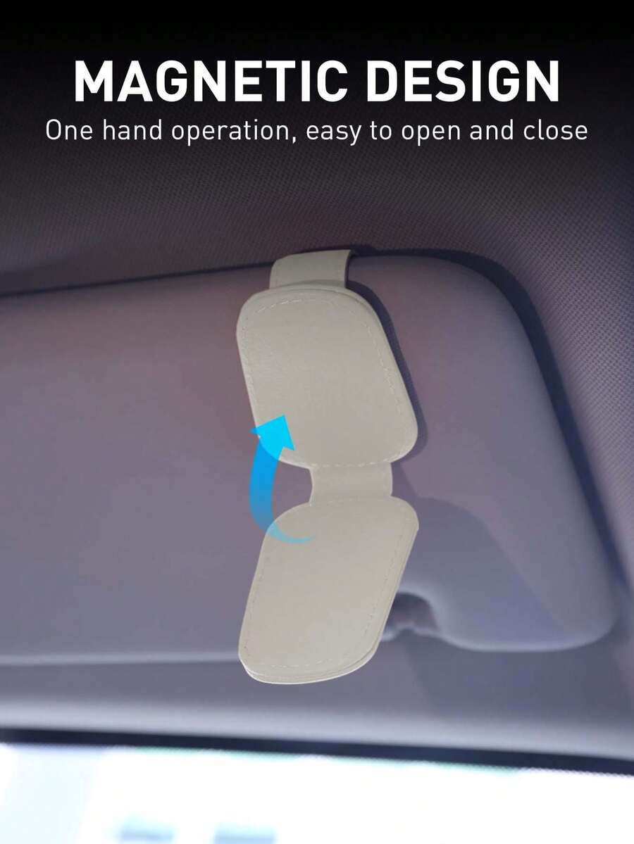 Magnetic Leather Car Sun Visor Fashion Glasses Clip, Suitable For Automotive Sun Visor, Eyeglasses Hook Clip, Car Interior Sun Visor Accessories - Beige - View 7