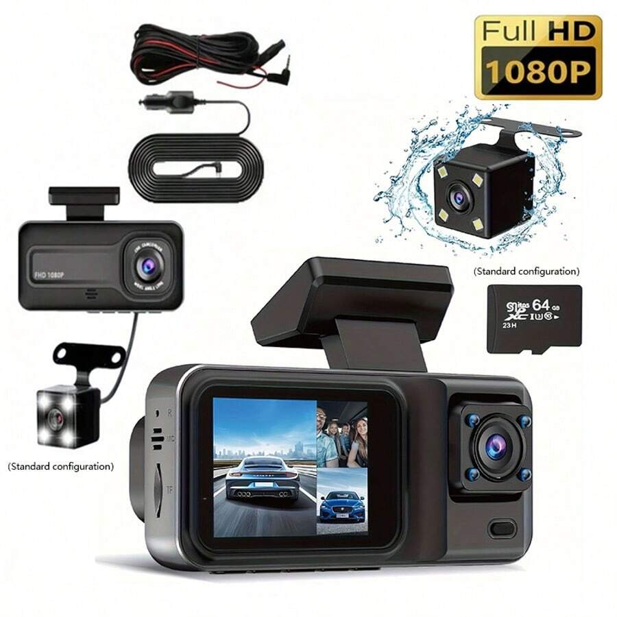 3 Channel Front Rear Interior Dash Cam With Night Vision For Cars