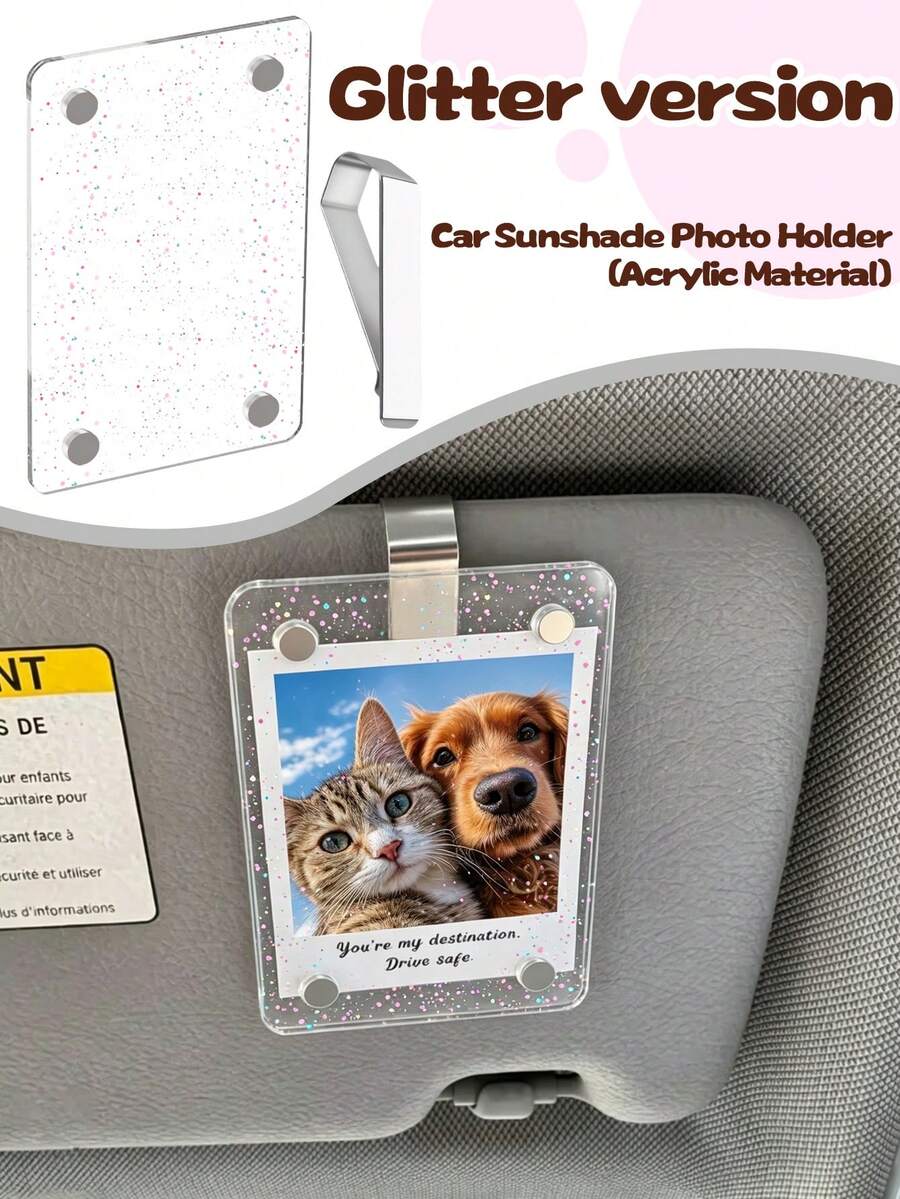 New Car Sun Visor Magnetic Photo Clip, Universal Acrylic Fridge Magnet Transparent Magnetic Instant Photo Frame, Car Sun Visor Photo Frame Clip, Personalized DIY Car Interior Decoration Photo Frame, Couple Gift, Pet Family Memorial Photo Frame Clip - Glitter - View 2