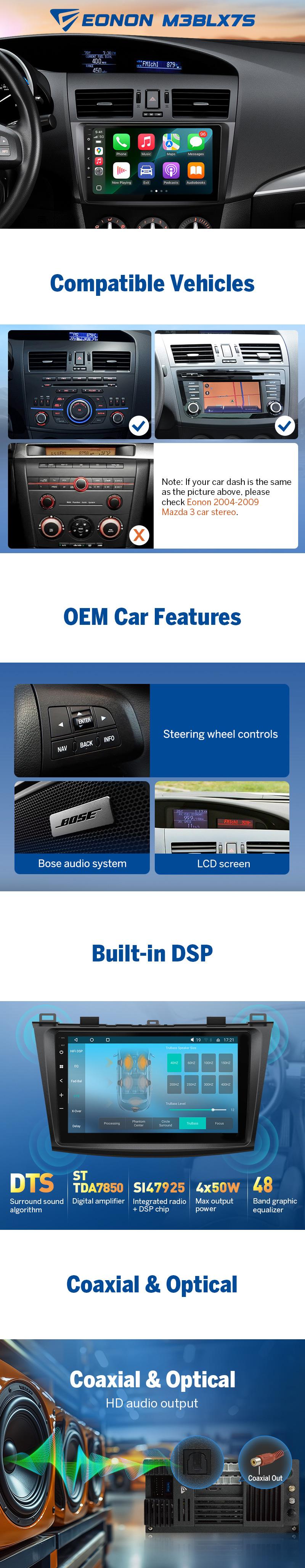 EONON Car Stereo for Mazda 3 Mazda speed 3 2010, 2011, 2012, 2013, Wireless CarPlay & Android Auto Car Radio Touch Screen, 9" Android 14 Car head unit, Bluetooth, Steering wheel controls, Backup camera, plug and play, Jumpstart Sale - M3BLX7 / M3BLX7S