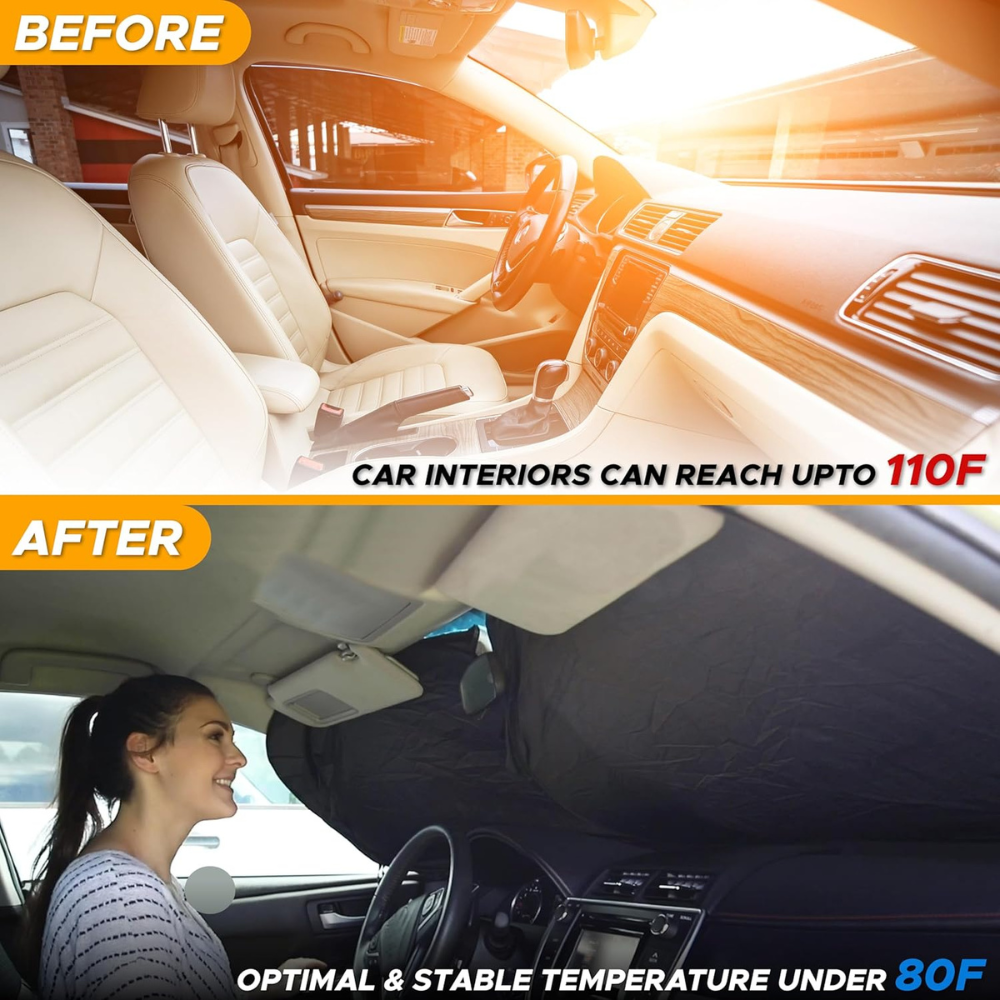 Foldable Reflective Sun Shade Windshield With Storage Pouch-Wireless Car Play Tech