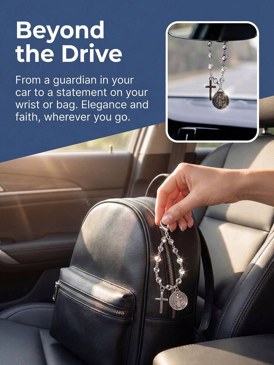 St Benedict Medal Cross Car Charm Blessed Travel Safety Amulet Religious Protective Car Interior Hanging Ornament Auto Steering Wheel Decor Handbag Charm For Women Perfect Christmas Thanksgiving New Car Gift For Family Friends - A - View 3