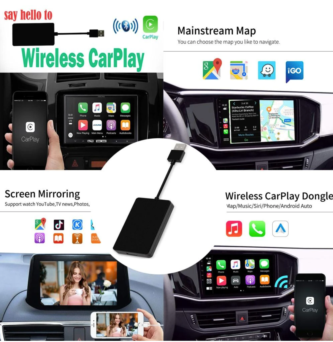 Wireless CarPlay & Android Auto Adapter for Car Stereos – Plug & Play USB Dongle shown as the featured example in a car accessories comparison guide