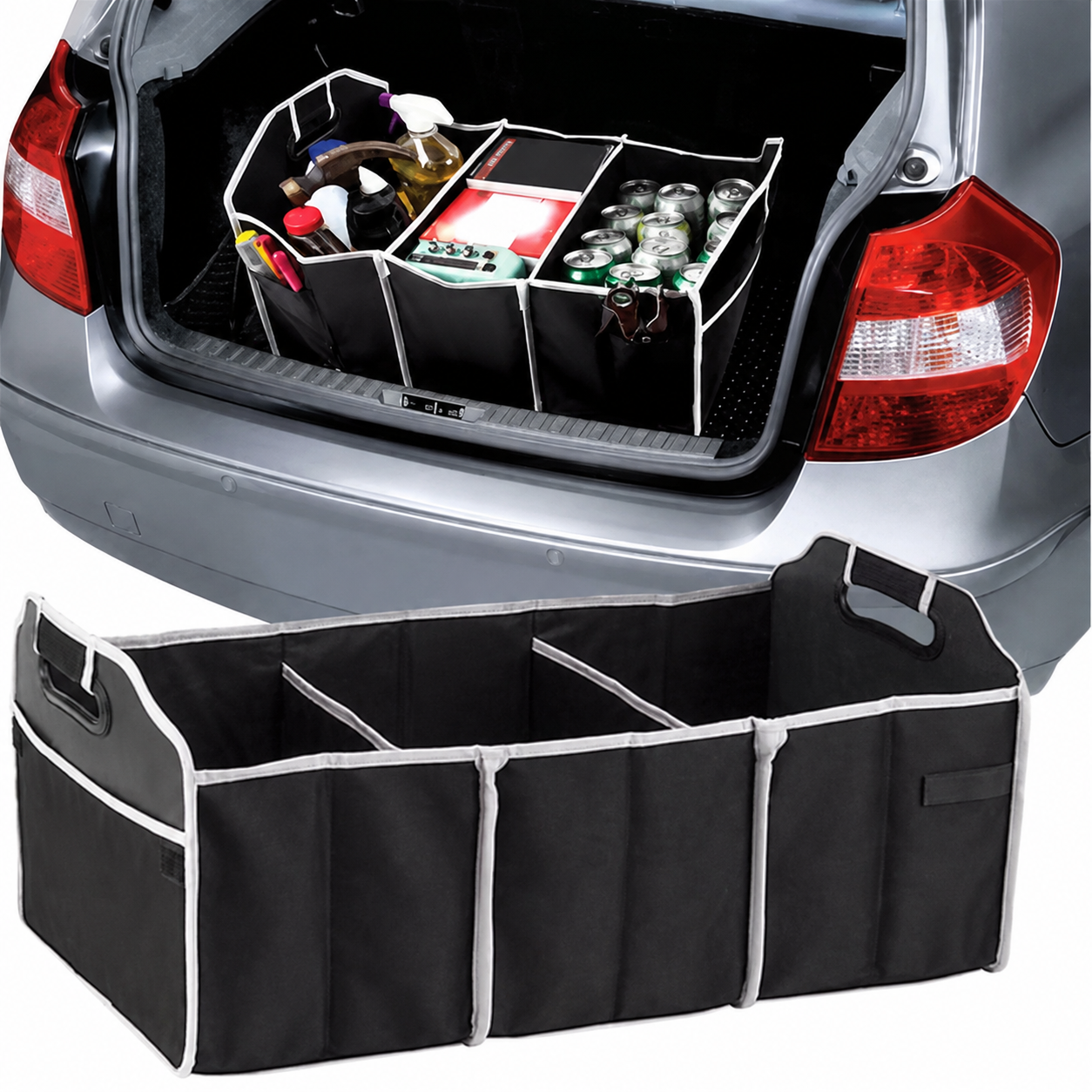 Portable Foldable Universal Car Trunk Organizer Bag With 3 Compartments