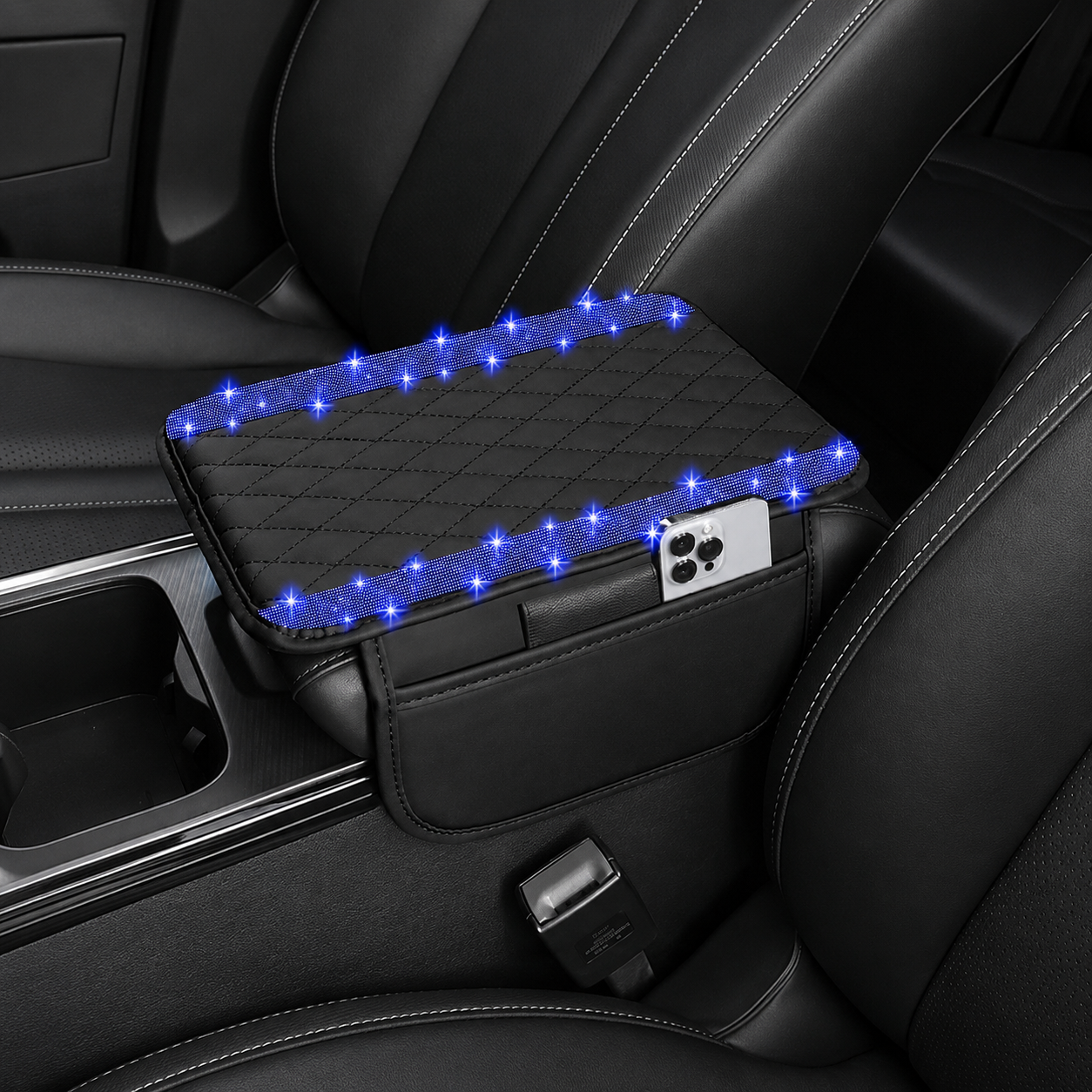 Sparkling Rhinestone Car Armrest Cover With Storage Pocket