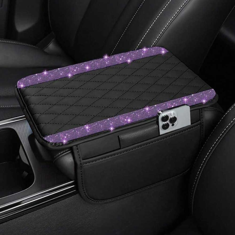 Sparkling Rhinestone Car Armrest Cover With Storage Pocket