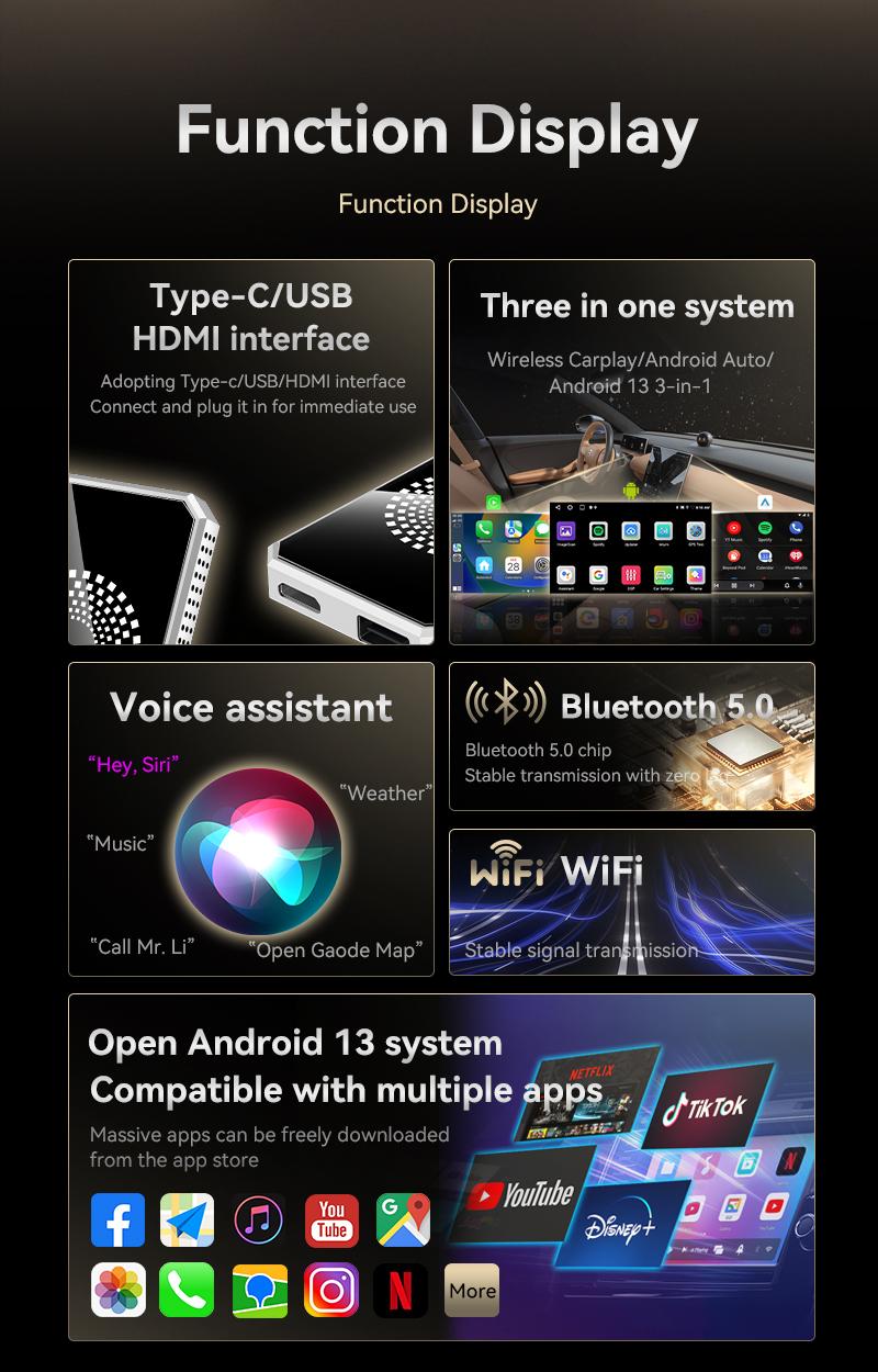 【ValentinesDay】Wireless Carplay Adapter for Factory Wired Carplay Vehicles,Supports Netflix/Youtube/TikTok APP to Play Vedio on a Car Screen  【Not support for Tesla & BMW】