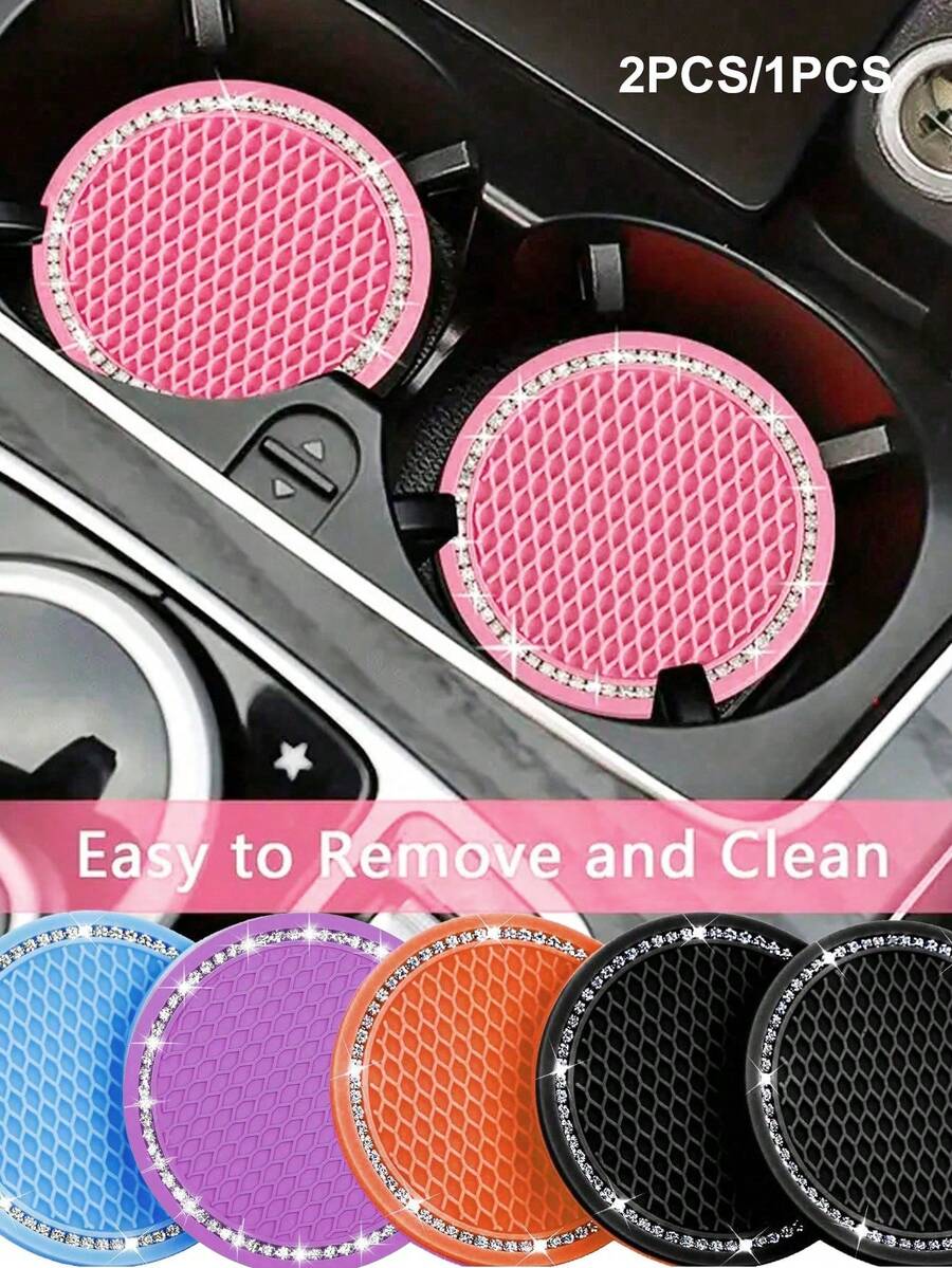 1/2pcs Car Cup Holder Coasters, Shiny Cup Holder Insert Coasters, Universal Anti-Slip Car Cup Holder Decorative Silicone Cup Mats, Car Interior Pad, 7cm/2.75" Soft Crystal Rhinestone Rubber Coaster Set Round Car Beverage Cup Holder Accessories - One Size - View 2