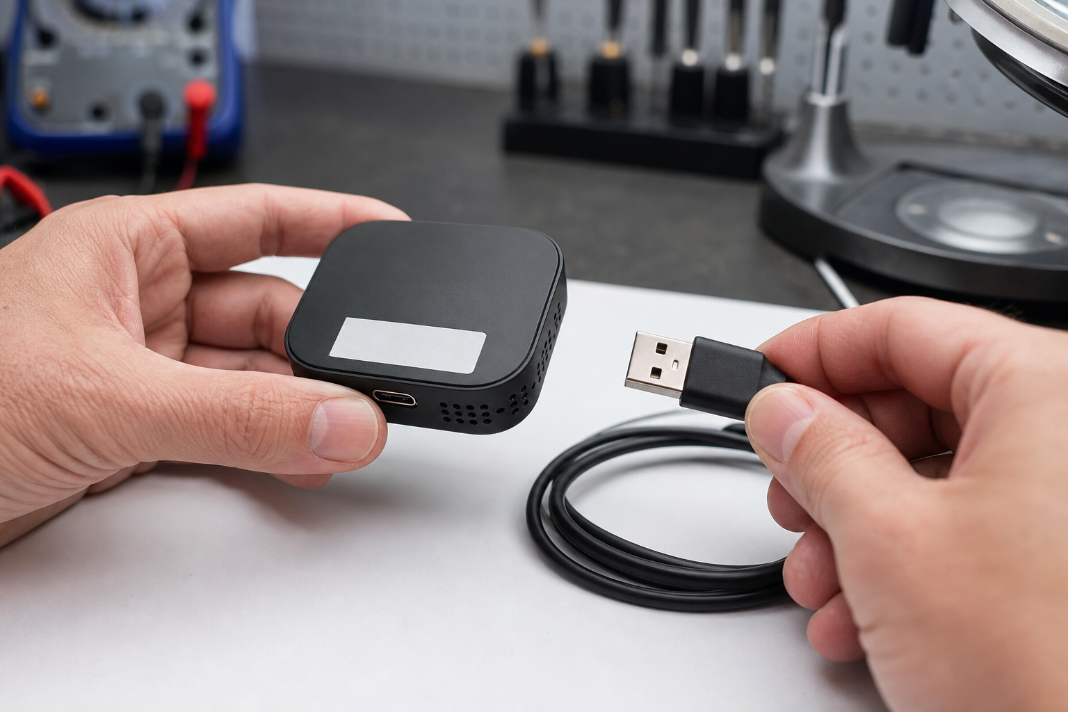 Wireless adapter, cable and connector being inspected for build quality
