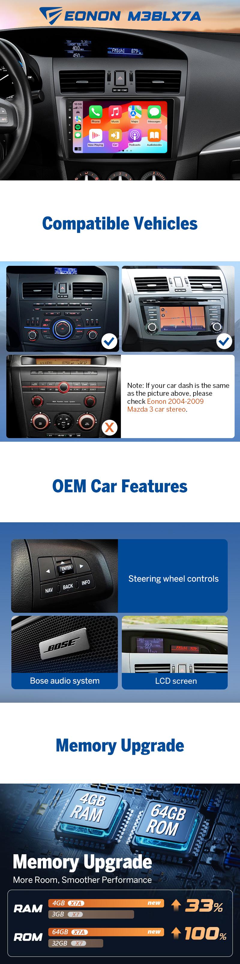 EONON Car Stereo for Mazda 3 Mazda speed 3 2010, 2011, 2012, 2013, Wireless CarPlay & Android Auto Car Radio Touch Screen, 9" Android 14 Car head unit, Bluetooth, Steering wheel controls, Backup camera, plug and play, Jumpstart Sale - M3BLX7 / M3BLX7S