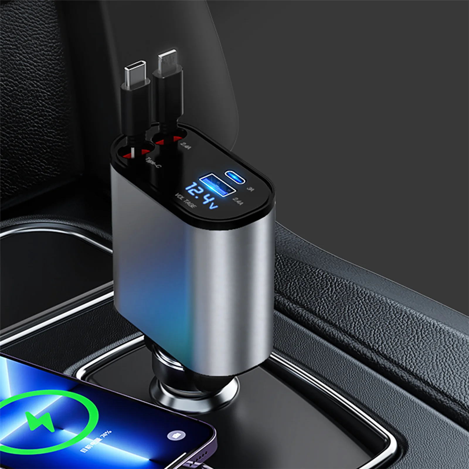 Dual Cord Reel Car Charger 100W Fast Charging Dual USB Ports