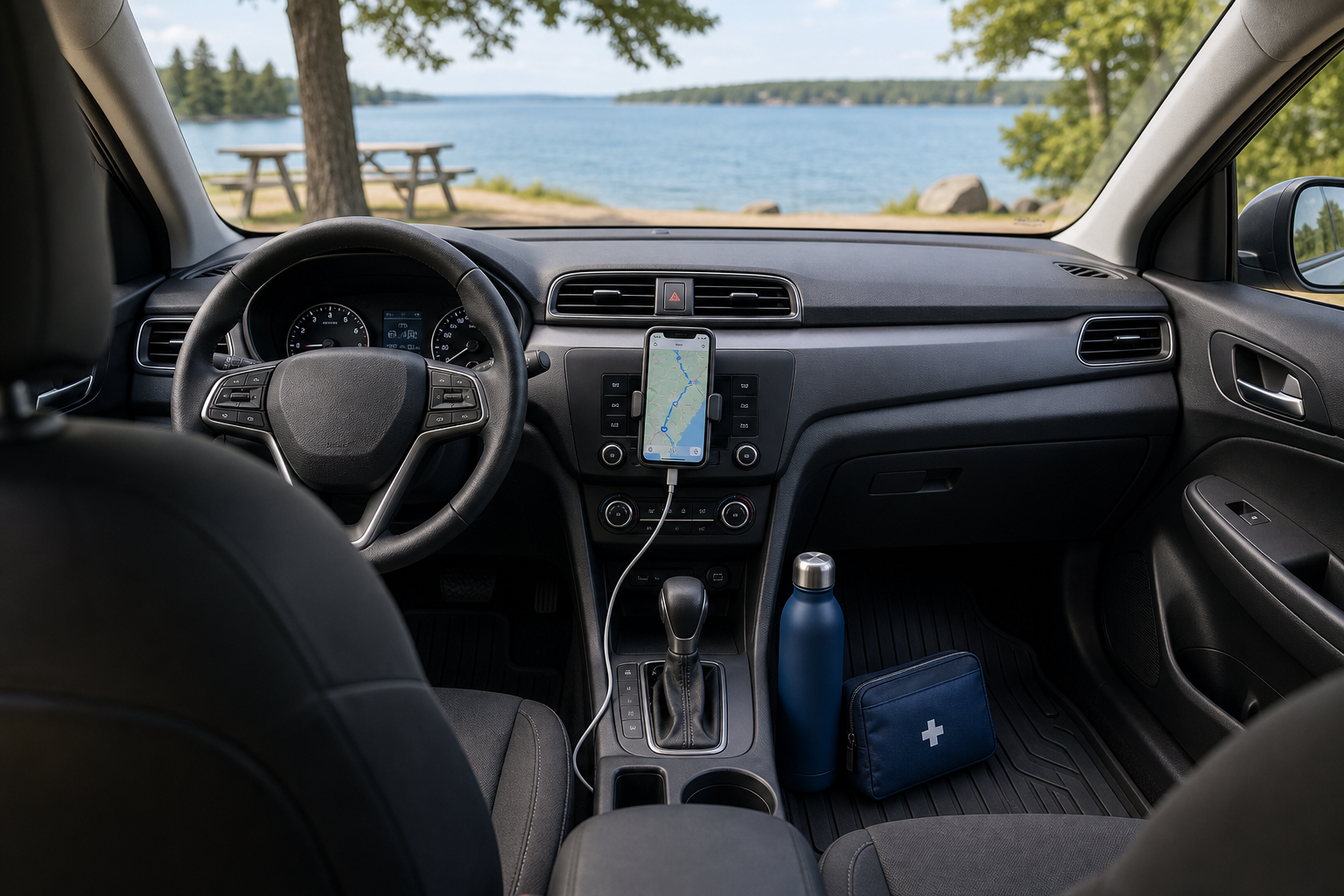 Organized car interior prepared for a Canadian summer road trip