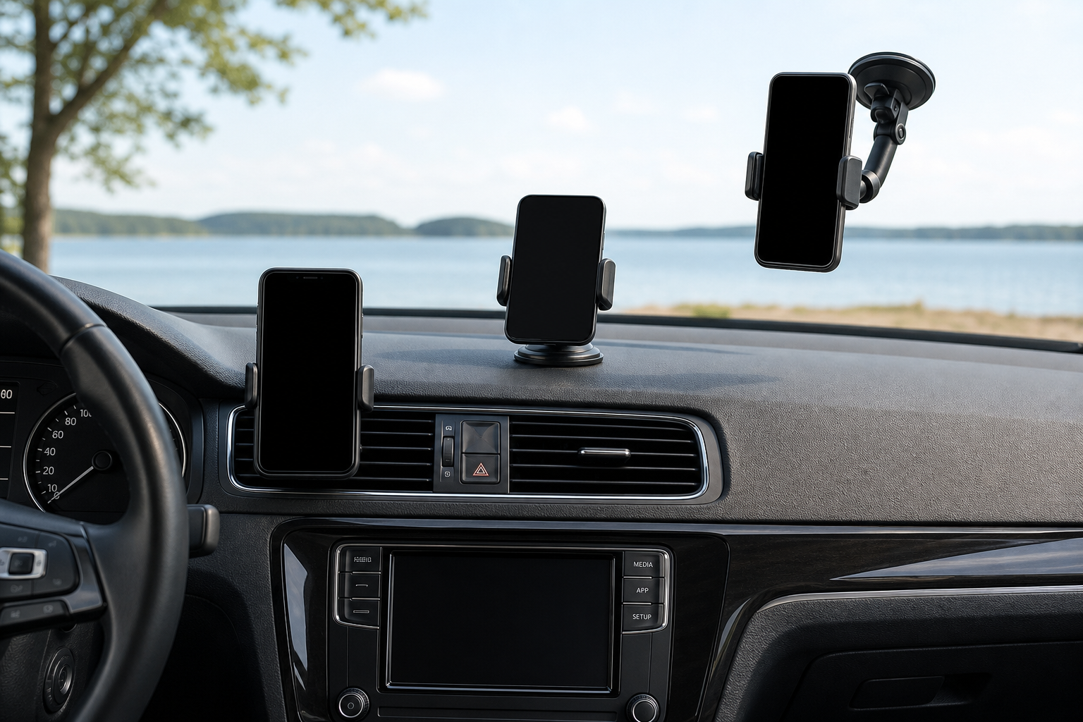 Vent, dashboard and windshield phone mounts positioned in a parked car