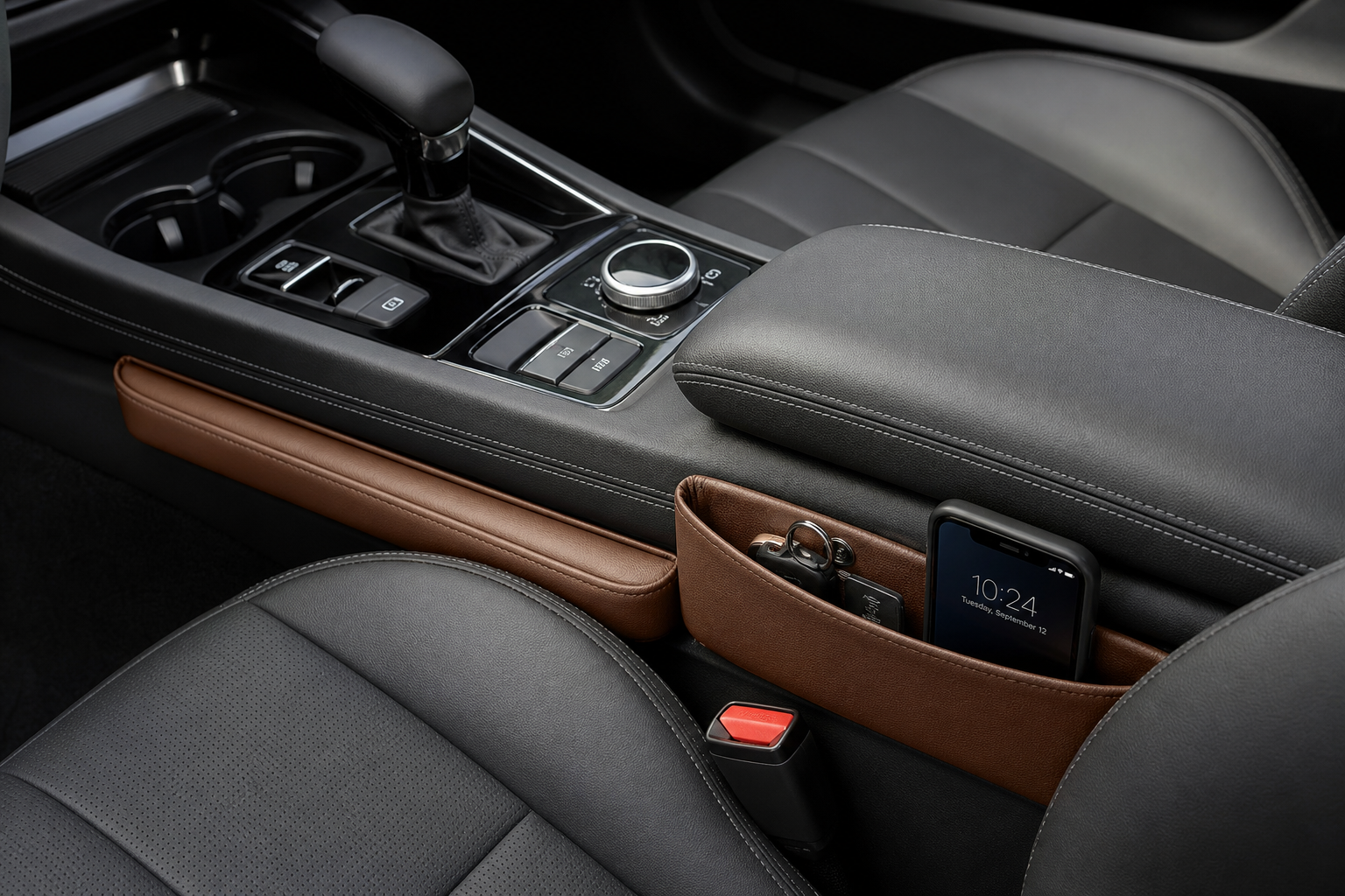 Seat gap filler and slim organizer shown beside a center console