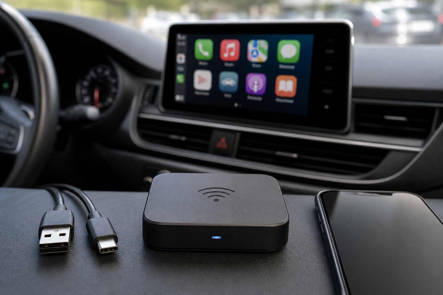 Wireless adapter shown with common USB connectors, phone and car display
